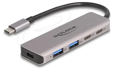 Produktbild von DeLOCK USB 5 Gbps 2 Port USB Type-C und 2 Port Typ-A Hub mit USB Type-C Anschluss, USB 3.2 Gen 1 (3.1 Gen 1) Type-C, USB 3.2 Gen 1 (3.1 Gen 1) Type-A, USB 3.2 Gen 1 (3.1 Gen 1) Type-C, 5000 Mbit/s, Grau, Metall, Rundkabel
