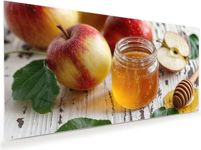 Produktbild von Glasbild 60x30cm in XXL für Wohnzimmer, Schlafzimmer Motiv Äpfel und Honig