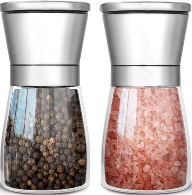 Imagen del producto de Dos molinillos de sal y pimienta de acero y vidrio con molinillo de cerámica ajustable, aptos para moler y rellenar sal, pimienta y chile