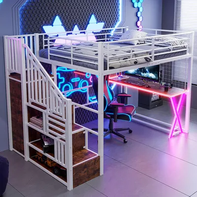Produktbild von STILVORA Hochbett 140×200 Jugendbett mit Stauraumleiter Kleiderschrank, Regal und Schreibtisch,Metallbett ohne Matratze,Mit LED-Leuchten,Weiß