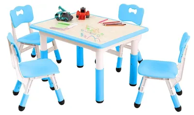 Immagine prodotto di Tavolino per bambini con 4 sedie - Set per attività - Regolabile in altezza - Legno - Superficie antimacchia e facile da pulire - Da montare - Blu