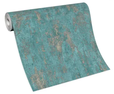 A roll of wallpaper with a textured, distressed pattern in shades of turquoise, beige, and gray, shown on a white background.