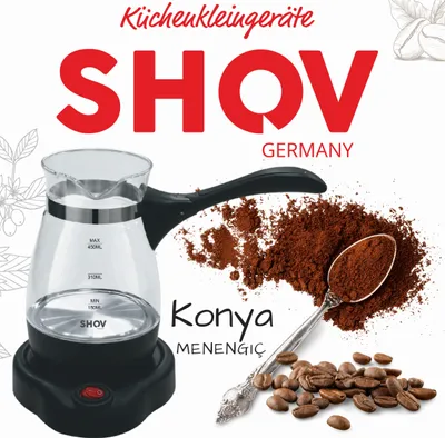 Produktbild von Shov Türkischer Kaffeekocher Glas | Kabelloser Mokkakocher elektrisch | 5 Tassen (450ml), 600W | Glasgehäuse, 360° drehbar, Überhitzungsschutz | Traditionelle Cezve für Türkischen Kaffee