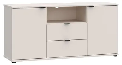 Produktbild von Forte GANYMEDE TV-Schrank 130, minimalistisches Lowboard, 2-türig, 2 Schubladen, offenes Fach, Holzwerkstoff, Wohnzimmer, Kaschmir Beige, 129,8 cm breit x 63,1 cm hoch x 41,3 cm tief