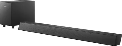 A black soundbar and subwoofer are displayed on a white background.