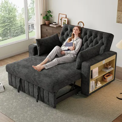 Obrázek produktu pro Rozkládací pohovka s nastavitelným opěradlem, 2 polštáři a USB nabíjecím portem, malé sofa s funkcí spaní, úložným prostorem a držákem nápojů, šedá