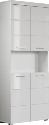 A white, modern tall cabinet with multiple doors and drawers.
