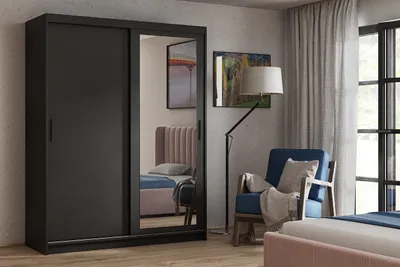 Produktbild von Kleiderschrank HADRIAN mit Spiegel, Schwebetürenschrank 100 cm, Schlafzimmerschrank mit Kleiderstange und Regalfächern, Modern, Schwarz