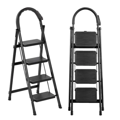 Obrázek produktu pro Sedmioskvrnná schůdková žebřina s 4 stupni, s madlem, nosnost 150 kg, černá barva