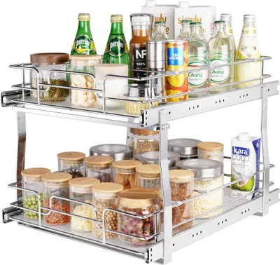 Produktbild von 2-stufiger Ausziehbarer Schrank-Organizer - Robuste Vorratsregale 16" B x 21" T - Ausziehbare Schubladen aus Verchromtem Stahl - Verschiebbare Schubladenaufbewahrung für den Innenbezirk.