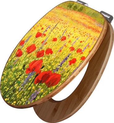 A toilet seat with a painting of a field of poppies and yellow flowers.