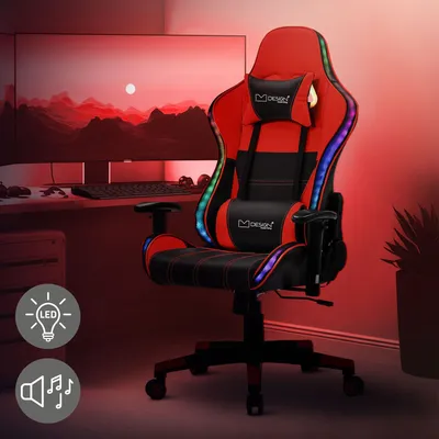 A red and black gaming chair with RGB LED lights.