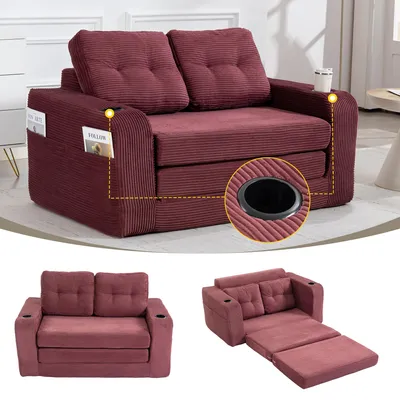 Produktbild von Cord-Zweisitzer Sofa mit 2 Getränkehaltern & Seitentaschen, gepolsterte Rückenlehne für Wohnzimmer