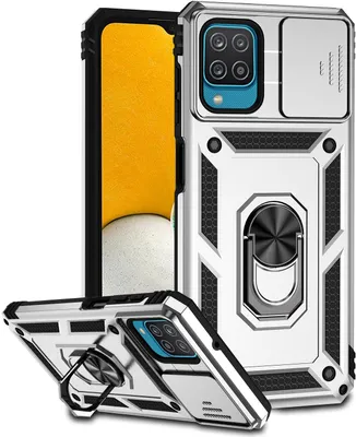 Image de Étui pour Samsung Galaxy A12 étui double couche avec couvercle coulissant pour l'appareil photo et anneau de support Argent