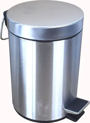 A stainless steel trash can with a foot pedal.