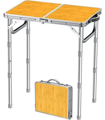 Produktbild von Campingtisch 58x40cm Aluminium Klapptisch mit 3 Höhen (26/48/70cm) MDF Silbergelb