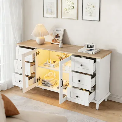 Image de OKWISH Buffet de Cuisine - Rangement avec 6 Tiroirs et Portes Acryliques, Éclairage LED, Blanc et Bois