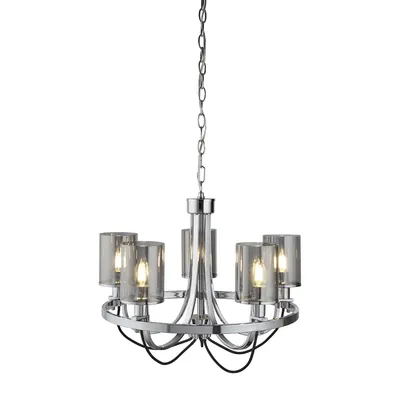 Image de Catalina Lampe suspendue à 5 flammes Chrome Câble tressé noir Abat-jour en verre fumé