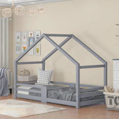 Obrázek produktu pro Dětská postel Sweiko borovice Postel 90x200cm s komínem a lamelovým roštem, bez matrace, šedá