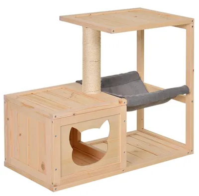 Produktbild von Katzenhaus Katzenhöhle - Katzenbett mit Hängematte - Kratzstamm aus Sisal - Stabiles Holzhaus aus Tannenholz - Naturfarbe