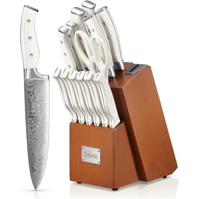 Produktbild von Messerblock mit Messerschärfer 14 TLG Edelstahl Messerset Set mit Kunststoff-Griff und Holzblock Profi Küchenmesserset Weiß