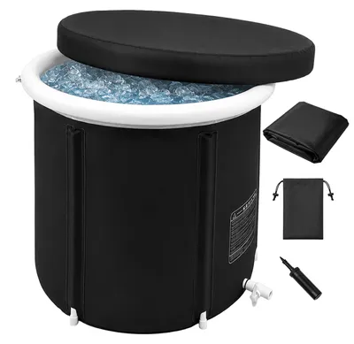 Produktbild von Relaxdays Eisbad outdoor, mit Deckel, Eistonne aufblasbar, HD: 75x75 cm, Kältebecken Muskelregeneration, Nylon, schwarz, KI-generiertes Bild