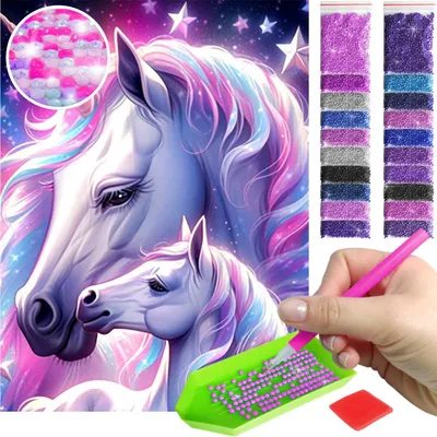 Produktbild von ARTULIO - Diamond Painting Set - Einhorn mit Jungem in Pastellfarben - 40 × 30 cm - AB Steine, AB Diamant - Crystal Art, Komplettset Mosaik + Zubehör