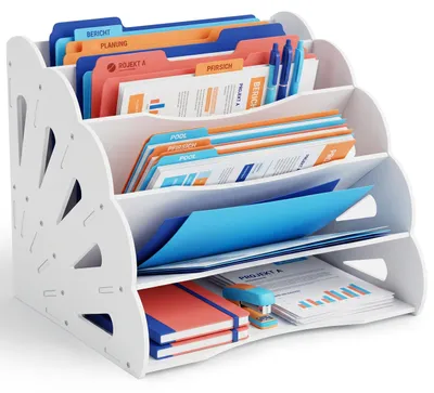 Produktbild von Relaxdays Dokumentenablage, DIN A4, 5 Fächer, Büro, Home Office, HBT: 28 x 32,5 x 28 cm, Schreibtisch Organizer, weiß