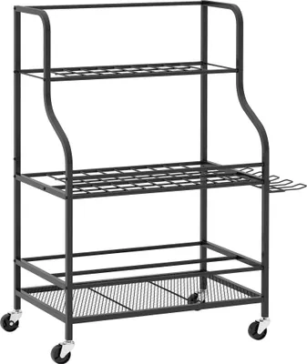 Produktbild von Outsunny organizér na zahradní nářadí 3-patrový stojan na zahradní nářadí s háčky s nosností až 40 kg držák na nářadí víceúčelový držák na košťata černý
