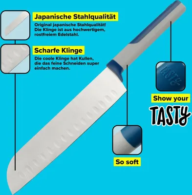 Produktbild von Tasty Santokumesser mit Softtouch-Griff, ergonomisches Küchenmesser zum Schneiden von Fisch, Fleisch und Co