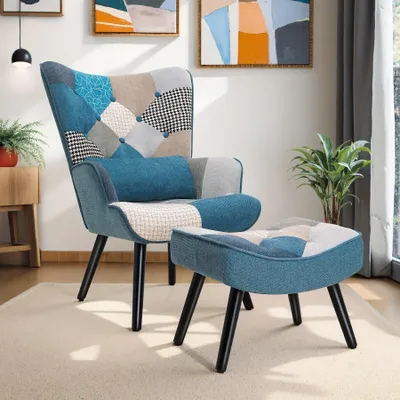 Obrázek produktu pro Křeslo - Židle - Pohodlné křeslo - Modré lněné křeslo - Ergonomická opěrka zad - Součástí je podnožka