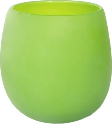 A close-up studio shot of a green, frosted glass pot.