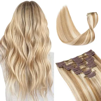 Produktbild von Clip in Extensions Echthaar 8 Stück 80g 60 cm Hellbraun/Lichtblond Balayage