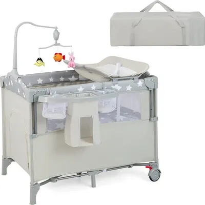 Produktbild von COSTWAY 4 in 1 klappbares Reisebett & Beistellbett & Wickeltisch & Laufstall rollbar, 2 Ebenen Babybett inkl. Spielbogen, Spieluhr, Matratze, Seitentür &Tragetasche (Beige)