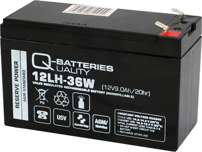 A black rechargeable battery with white text and symbols on a white background.