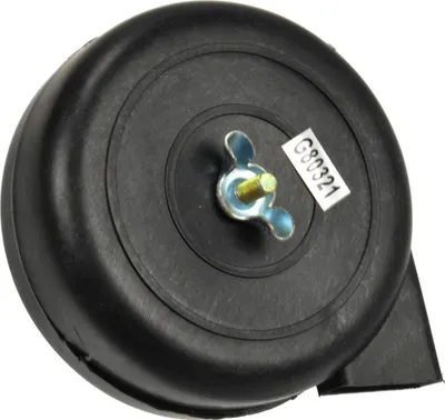 A close-up, studio shot of a black air filter component.