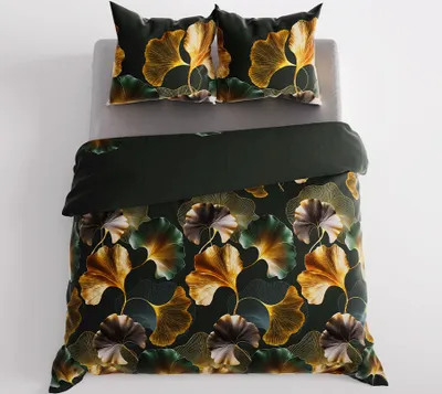 Image de Literie, satin de coton, haute qualité 160x200 Marisel vert bouteille, feuilles