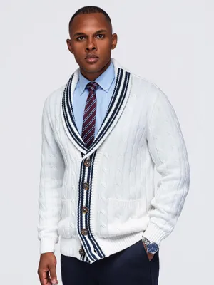 Imagen del producto de Jersey de cuello redondo para hombre, modelo V-1, referencia OM-SWCD-0196, color blanco/azul marino, talla M