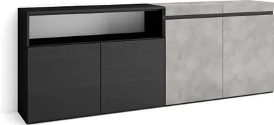 Produktbild von Sideboard, Highboard, 200x35x75cm, 4 Türen, Wohnzimmer, Küche, Zementgrau und Schwarz