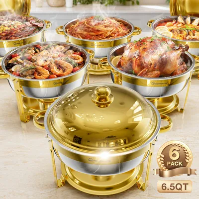 Obrázek produktu pro WARMOUNTS Sada 6 ohřívacích mís 6,5 QT pro bufet, sady ohřívačů z nerezové oceli, kulaté s držákem na víko, stohovatelné, catering, svatby, večírky, zlaté