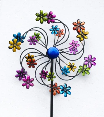 Produktbild von Gartenstecker doppel Windrad Blumen Windmühle Metall Windspiel Garten Deko Figur