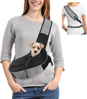 Produktbild von Schultertasche mit verstellbarem Tragetuch für kleine Hunde und Katzen - Gepolsterter Schulterriemen - Transporttasche für Hunde mit Front- und Seitenfach - Graue Reisetasche für Katzen