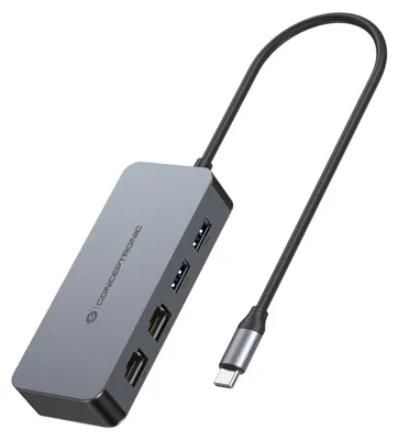 Produktbild von Conceptronic ABBY24G USB-C-auf-Dual-Port-Gigabit-Netzwerkadapter mit 2-Port-USB-Hub, Kabelgebunden, USB 3.2 Gen 1 (3.1 Gen 1) Type-C, 10,100,1000 Mbit/s, 100BASE-TX, 1000BASE-T, IEEE 802.3ab, IEEE 802.3az, IEEE 802.3, Grau