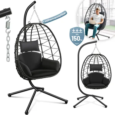 A collage of images showcasing a black hanging egg chair with a stand, a person using a similar chair indoors, and a close-up of the chair's suspension mechanism.