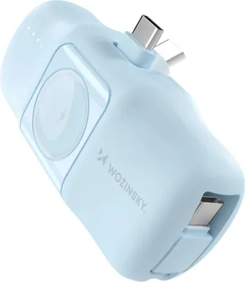 Imagen del producto de Mini batería externa Wozinsky Wf16-Ycs de 5000 mAh, 15W, con puerto USB-C, cable USB-C integrado y cargador para Apple Watch, color azul
