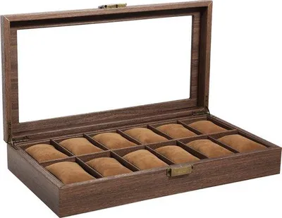 Image de Coffret à montres pour 12 montres, marron, grand format, transparent, en similicuir, cadeau