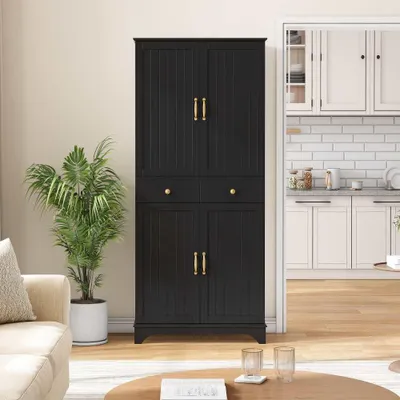 Produktbild von Highboard Küchenschrank mit verstellbaren Regalen Schubladen Riffelglas Wohnzimmer Natur
