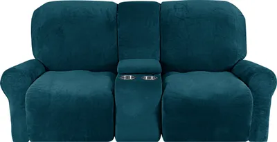 Produktbild von 8-teiliger Stretch Samt Hussen Recliner Sofabezug mit Getränkehaltern,Dicke Plüsch Liegesofa 2-Sitzer Recliner-Abdeckung,Blau