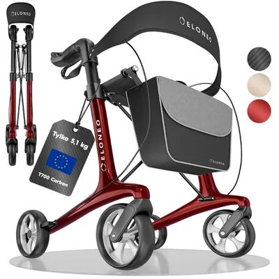 Zdjęcie produktu dla Składany i lekki rollator ELONEO z siedziskiem, lekki rollator podróżny, ultralekki, czerwony – rozmiar M