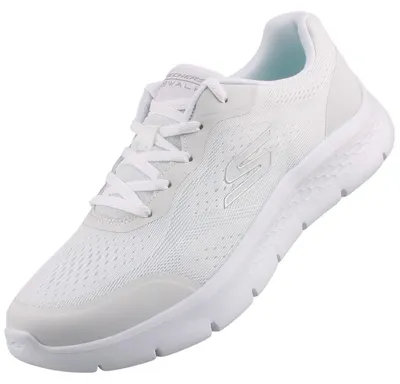 Das Bild zeigt einen weißen Freizeitschuh aus der seitlichen Perspektive. Der Schuh hat eine einfache und moderne Form mit einer auffälligen Sohle.